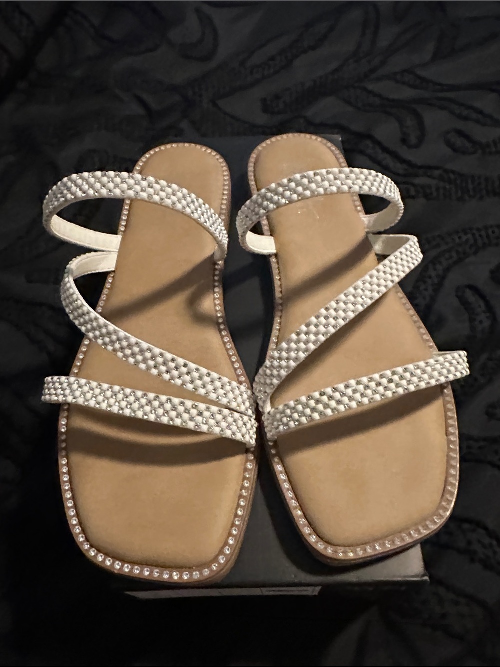 Nicole Miller White Rhinestone Strappy Flat Sandals